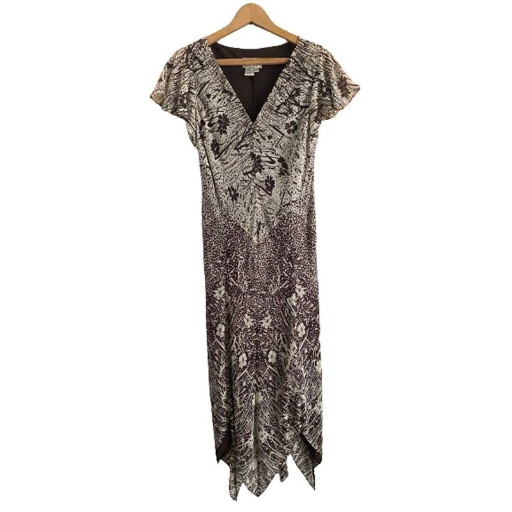 Adrianna Papell Brown Silk Floral Handkerchief Hem Midi Dress Flutter Sleeve 6
